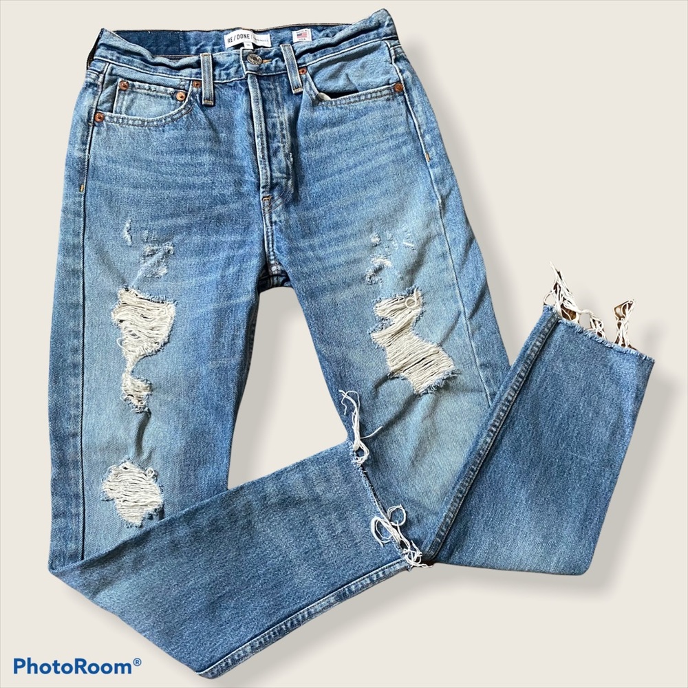 Re/Done Distressed Straight Leg Jeans - Light Blue